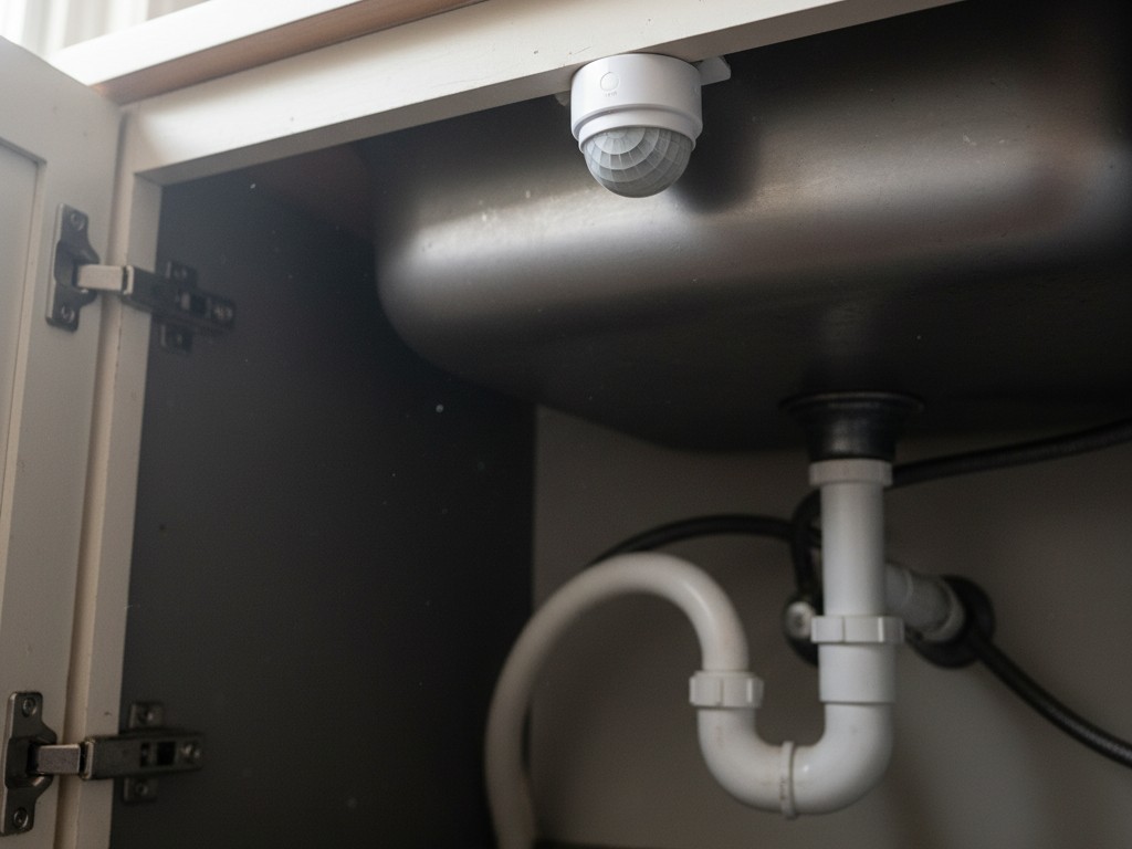 Um pequeno sensor de movimento PIR branco está montado na parte superior do quadro de um armário sob a pia, apontando para baixo para cobertura e proteção ideais contra vazamentos de água.