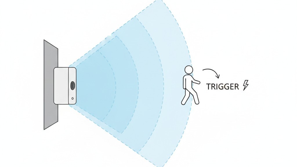 Como um Sensor de Movimento PIR Enxerga uma Sala Um diagrama mostrando como um sensor PIR projeta zonas invisíveis em forma de fan, para detectar movimento nelas.