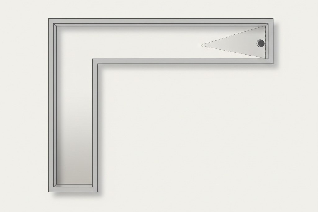 Diagrama de cima para baixo de um corredor em forma de L. Um sensor de movimento na extremidade lança uma zona de detecção em forma de cone que cobre apenas uma perna, deixando a outra perna em um ponto cego.