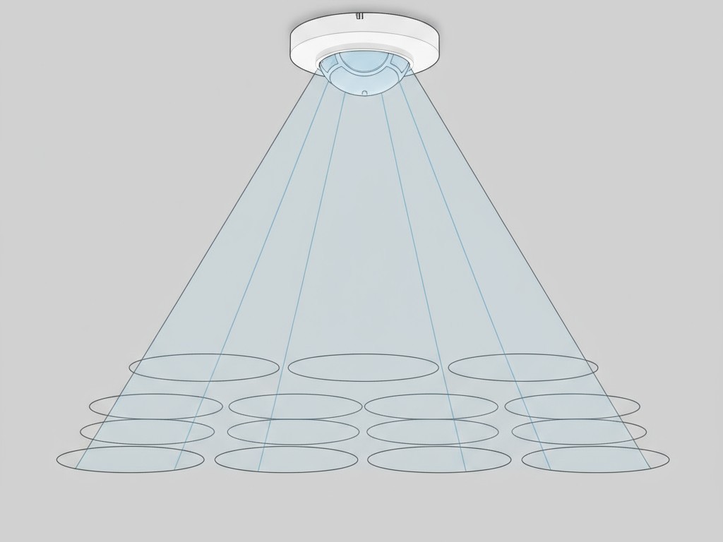 Um diagrama mostrando um sensor de movimento no teto projetando uma grade de zonas de detecção invisíveis no chão.