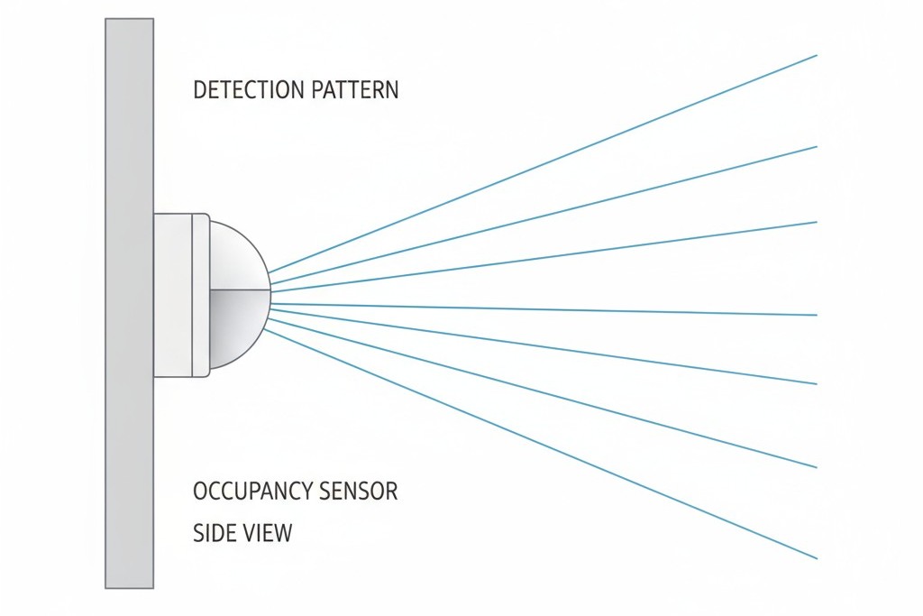 Cone de Detecção Horizontal do Sensor PIR Diagrama mostrando o cone de detecção em forma de leque de um sensor PIR montado na parede projetando-se horizontalmente pelo cômodo.