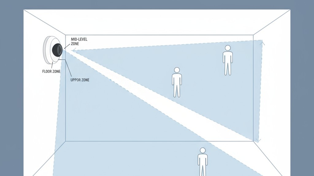 Um diagrama mostrando como a lente de Fresnel em um sensor de movimento cria uma grade de zonas de detecção invisíveis, em forma de cunha, em uma sala.
