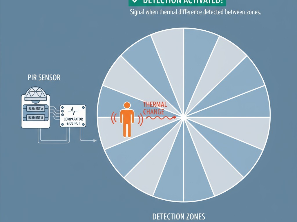 Como um Sensor PIR Detecta Movimento Diagrama mostrando a grade de zonas de detecção de um sensor PIR e como ele é acionado quando a assinatura de calor de uma pessoa se move entre elas.