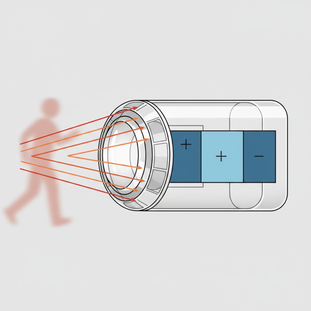 Um diagrama mostrando o funcionamento interno de um sensor PIR, com uma lente focando o calor em um sensor dividido em zonas.
