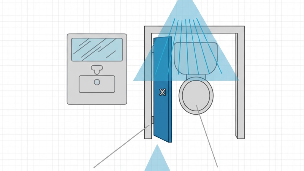 Como um Sensor de Infravermelho Passivo (PIR) Funciona Um diagrama mostrando um sensor PIR no teto de um banheiro, lançando um cone de detecção que cobre o espaço aberto do chão, mas bloqueado por uma porta de cabine.