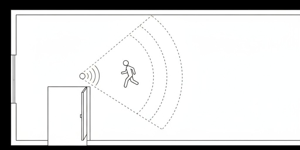 Diagramas overhead mostrando um sensor de movimento em uma despensa, sua ampla zona de detecção cônica se espalhando pela porta e acionando incorretamente por uma pessoa no corredor.