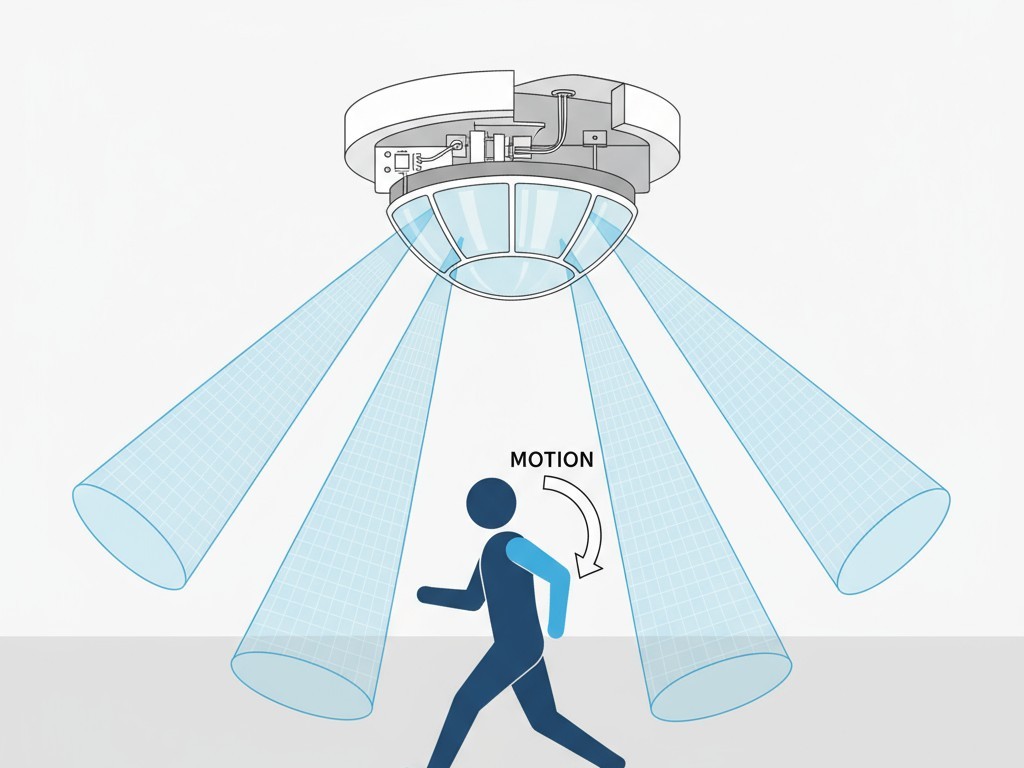 Uma ilustração de um sensor PIR montado no teto criando múltiplas zonas de detecção no chão. Uma pessoa está caminhando de uma zona para outra, que o sensor registra como uma mudança na energia infravermelha.
