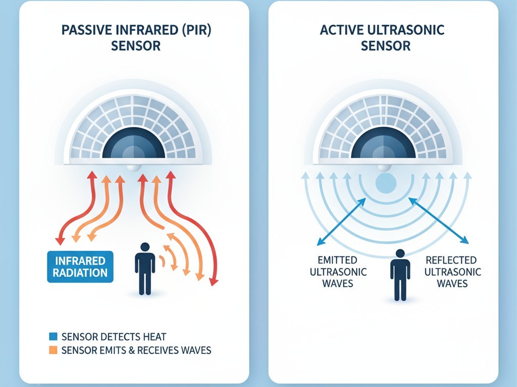 Um diagrama comparando um sensor infravermelho passivo, que apenas recebe sinais de calor, e um sensor ultrassônico ativo, que emite ondas sonoras e ouve suas reflexões para detectar movimento.
