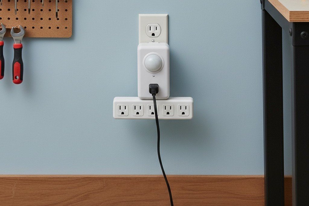 Um adaptador de sensor de movimento plug-in branco está conectado a uma tomada de parede, com uma régua de energia de oficina conectada à sua tomada.