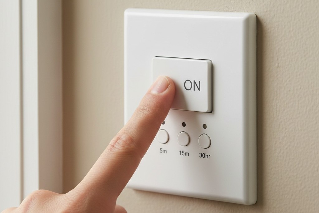 O dedo de uma pessoa pressiona um grande botão em um interruptor de temporizador de contagem regressiva branco montado na parede. O interruptor tem marcações para diferentes configurações de atraso de tempo.