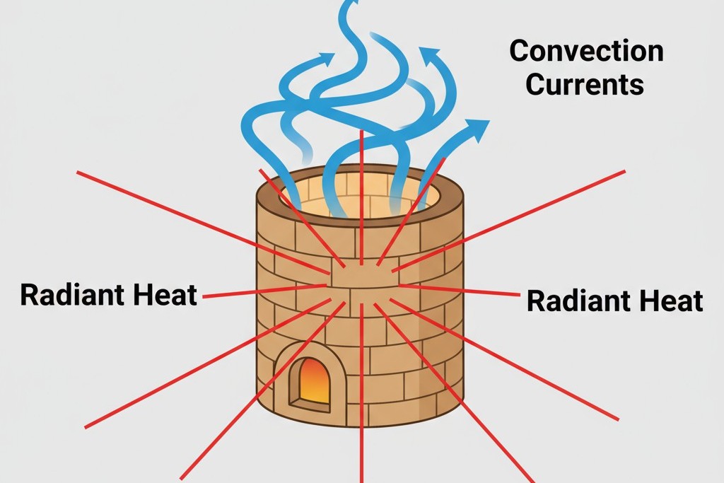 Uma ilustração mostrando um forno quente com setas retas representando calor radiante e setas giratórias representando correntes de convecção ascendentes.