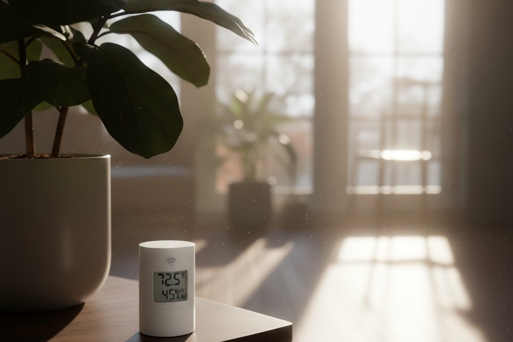 Um pequeno sensor de temperatura remoto branco repousa sobre uma mesa de canto de madeira em uma sala de sol, escondido em um canto sombreado longe do sol direto.