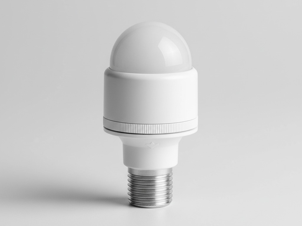 Adaptador de sensor de movimento para parafusar na lâmpada Um adaptador de sensor de movimento de plástico branco para parafusar na lâmpada é exibido contra um fundo limpo e neutro.
