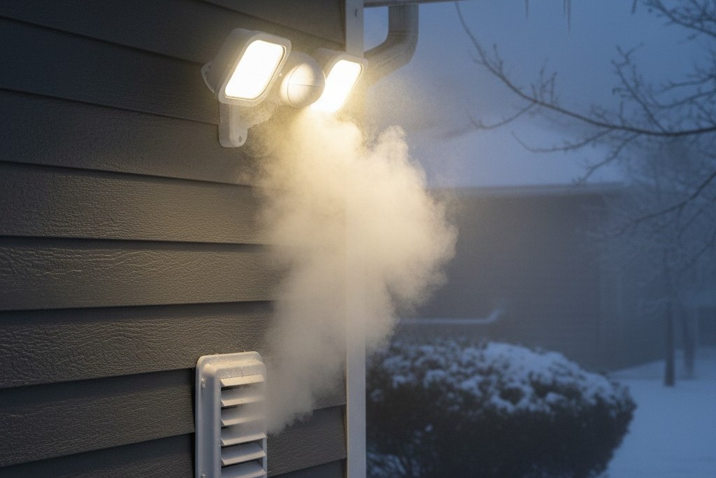 Um holofote com sensor de movimento está montado na parede exterior de uma casa, diretamente acima de uma saída de secadora. Vapor sobe da saída, englobando o sensor da luz.