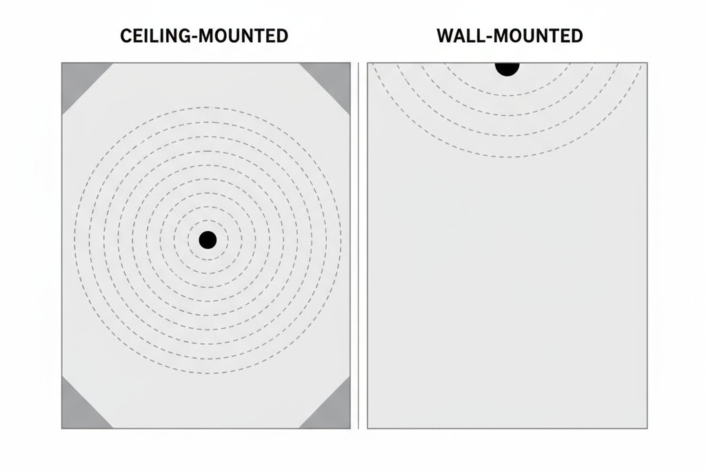 Comparação de Cobertura do Sensor: Montado no Teto vs. Montado na Parede Diagrama de cima para baixo comparando a cobertura pobre no canto de um sensor de teto com a cobertura total de um sensor de parede em um cômodo retangular.