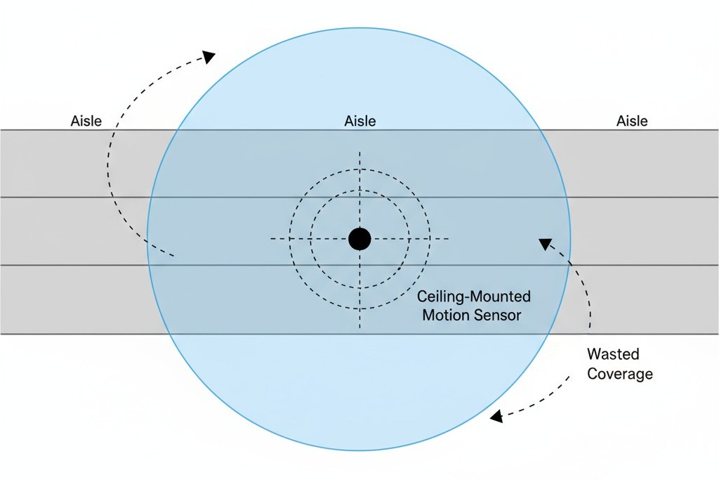 Um diagrama mostrando uma visão de cima de um corredor de armazém. Um padrão de detecção circular e amplo de um sensor de movimento padrão está sobreposto, mostrando como a maior parte de sua cobertura se espalha para áreas adjacentes e irrelevantes.
