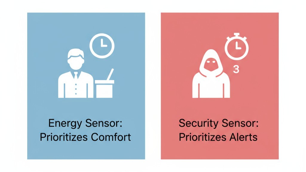 Um infográfico comparando o tempo limite longo de 15 minutos de um sensor de energia para conforto com o curto tempo limite de 3 segundos de um sensor de segurança para alertas.