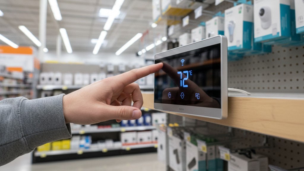 Modern Smart Thermostat on a Retail Shelf A person's hand reaches for a sleek, glass-fronted smart thermostat displayed on a shelf in a brightly lit electronics store.