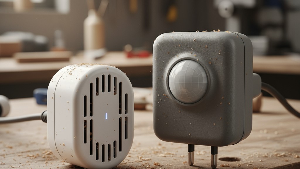 Tomada inteligente com ventilação vs. sensor de movimento selado Uma comparação lado a lado de uma tomada inteligente com ranhuras de ventilação abertas e um sensor de movimento resistente com uma caixa selada, sentado em uma bancada de trabalho empoeirada.