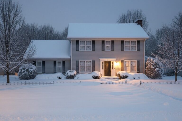 Uma casa de dois andares e seu quintal estão cobertos por um manto suave de neve sob a luz do luar, com uma única luz de varanda quente projetando sombras suaves numa noite de inverno tranquila.