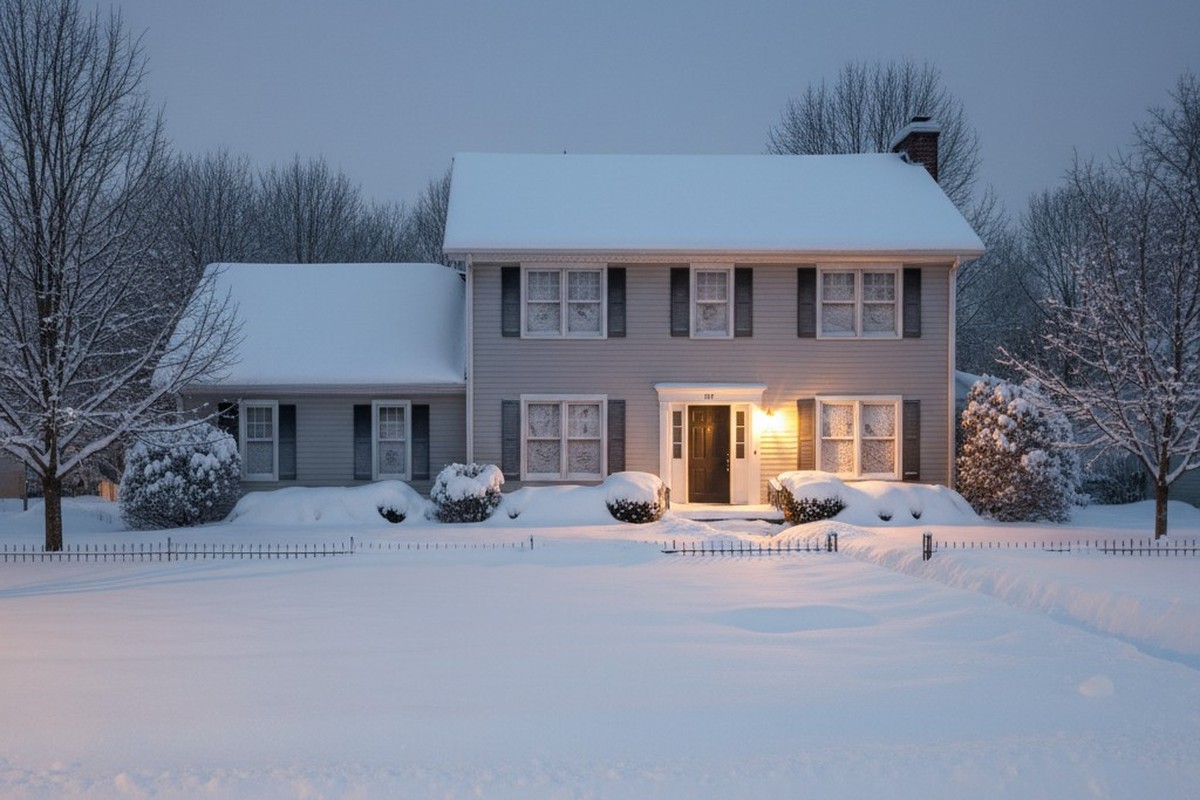 Uma casa de dois andares e seu quintal estão cobertos por um manto suave de neve sob a luz do luar, com uma única luz de varanda quente projetando sombras suaves numa noite de inverno tranquila.