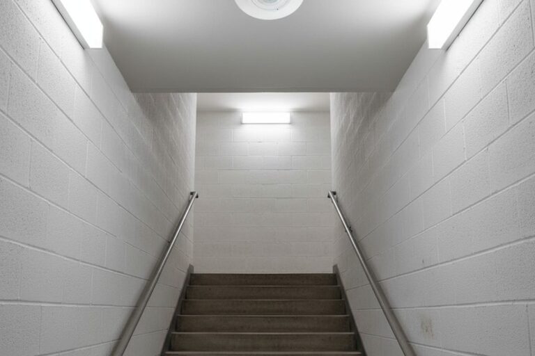 Um único sensor de movimento montado no teto em uma plataforma de escadas, com as escadas descendo claramente fora do seu alcance de detecção provável, criando uma zona morta.