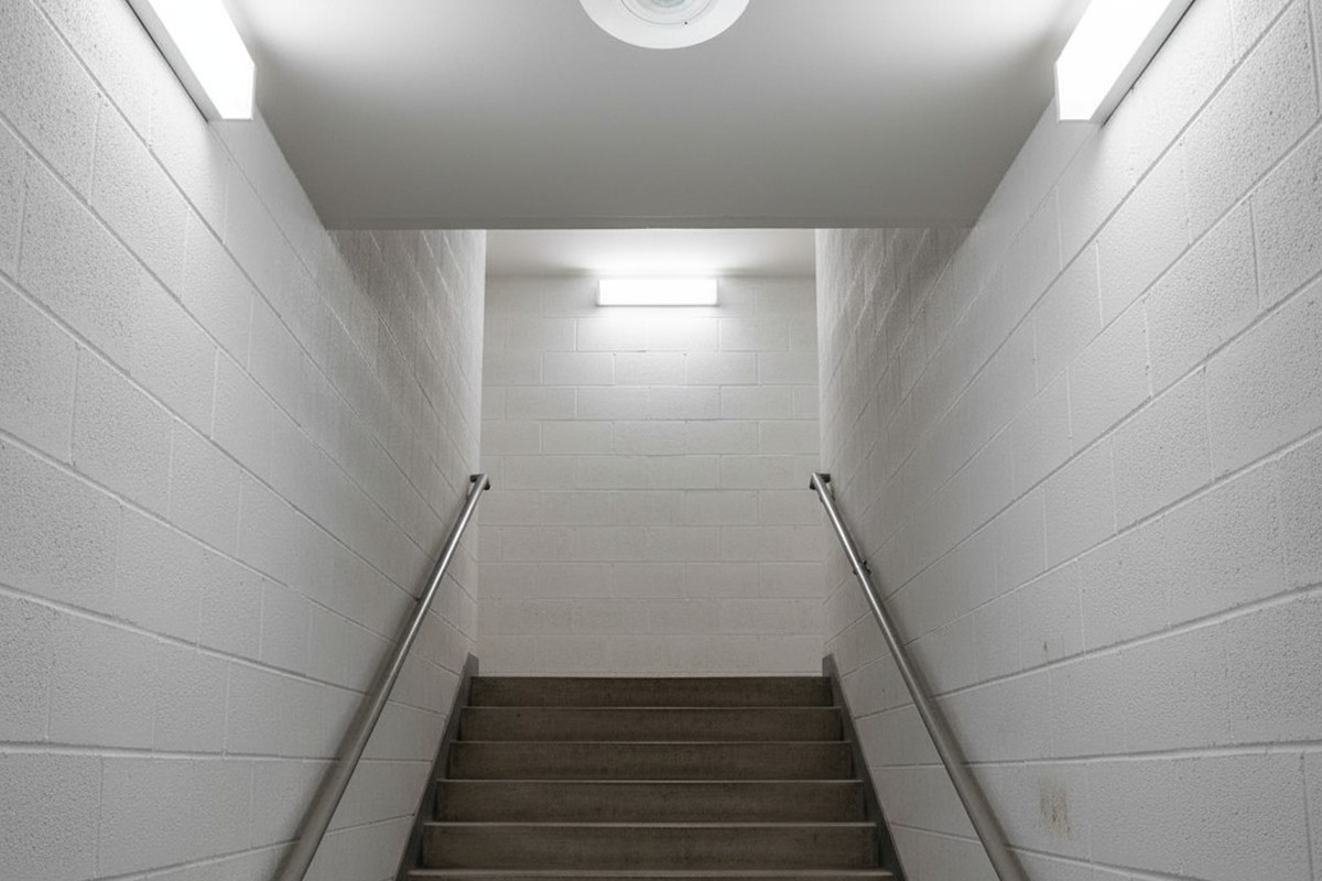 Um único sensor de movimento montado no teto em uma plataforma de escadas, com as escadas descendo claramente fora do seu alcance de detecção provável, criando uma zona morta.