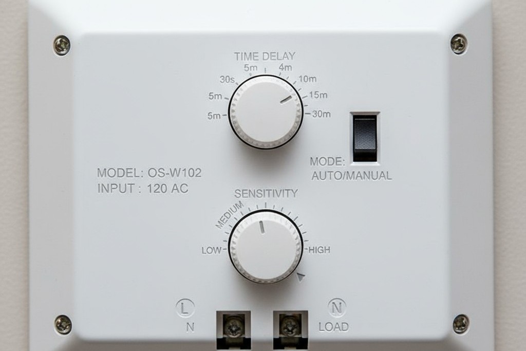 Um close-up de um sensor de ocupação branco mostrando pequenos botões ajustáveis para definir o atraso de tempo e sensibilidade.
