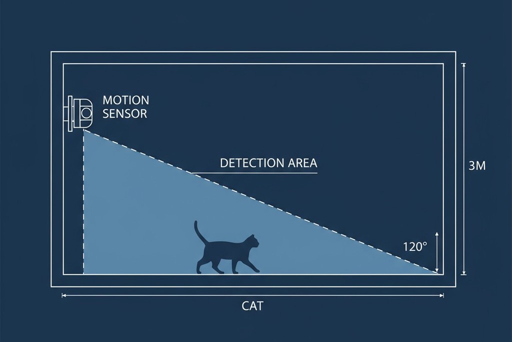Um diagrama mostrando o campo de detecção de um sensor de movimento padrão cobrindo uma sala do chão ao teto, com um gato no chão dentro da zona de detecção.