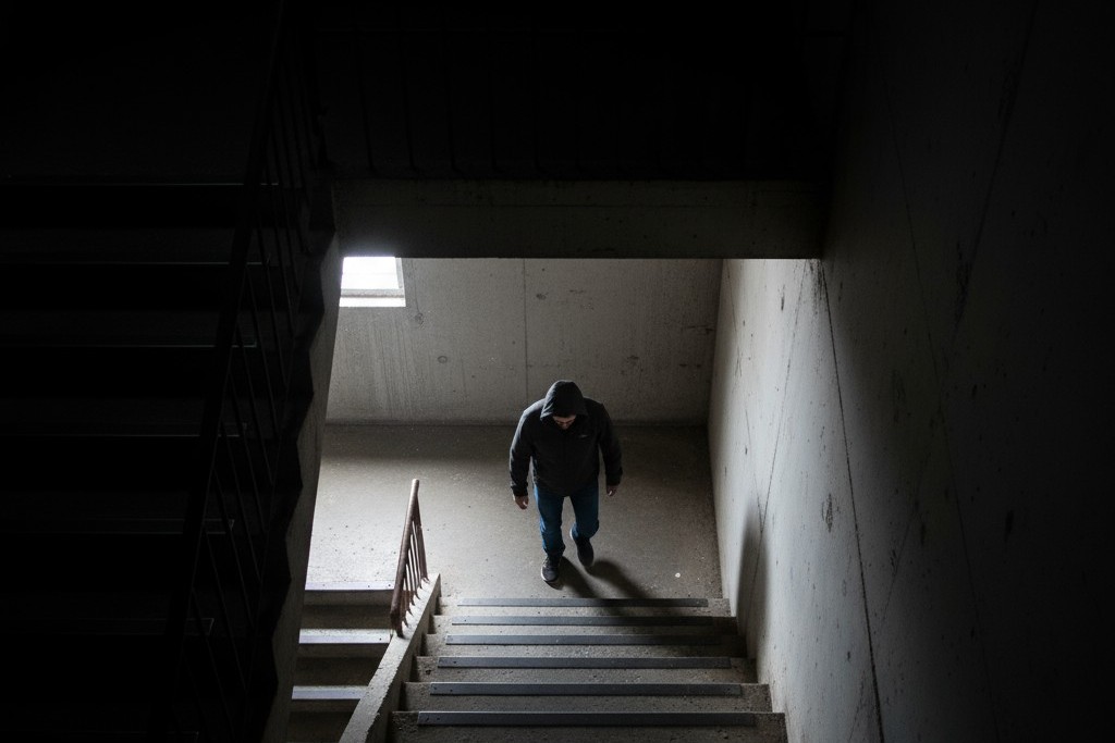 Uma pessoa presa entre andares em um escadaria de concreto escuro enquanto uma luz ativada por movimento se apaga atrás dela e outra ainda não foi ligada à frente.