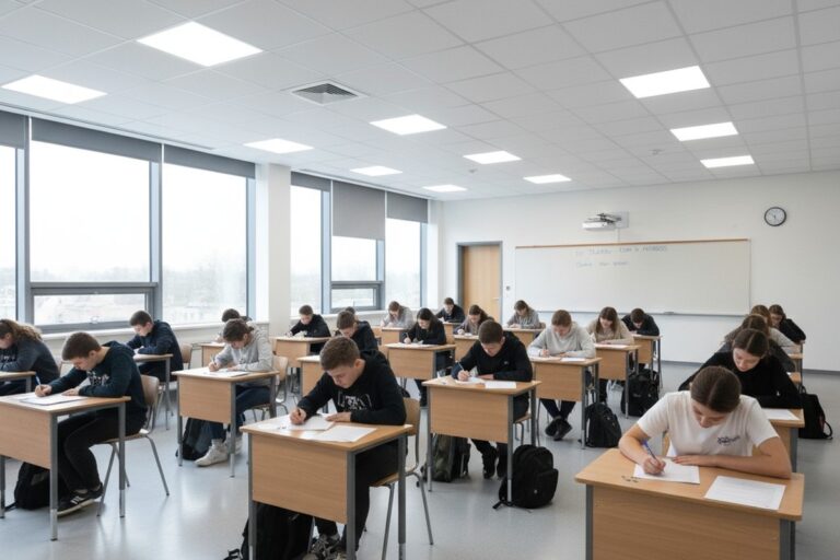 Σειρές μαθητών γυμνασίου κάθεται στα θρανία τους σε μια σύγχρονη, καλά φωτισμένη τάξη, συγκεντρωμένοι στη γραφή των εξετάσεών τους.