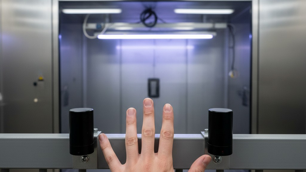 A mão de uma pessoa move-se para interromper o feixe de um sensor de segurança que protege a abertura de uma câmara de cura UV, que está internamente segura e sem iluminação.