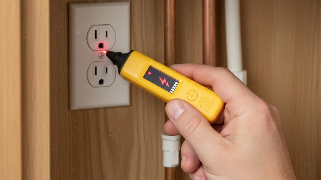 Uma mão segura um testador de voltagem sem contato amarelo perto de uma tomada elétrica branca localizada dentro de um armário sob a pia, verificando se há energia elétrica.