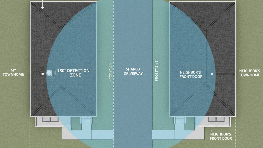 Diagrama mostrando a zona de detecção de um sensor de movimento de ângulo amplo espalhando-se por uma entrada compartilhada e chegando à propriedade de um vizinho.