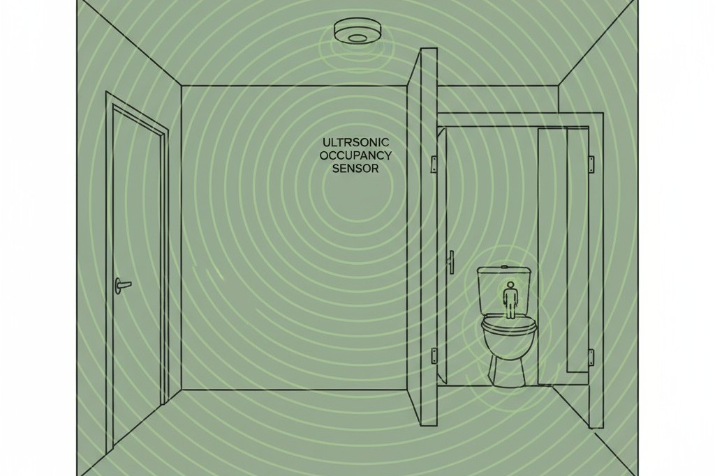 Como um Sensor Ultrassônico Funciona Um diagrama de um banheiro com cabines, mostrando um sensor ultrassônico emitindo ondas sonoras que ricocheteiam nas paredes para detectar movimento dentro de uma cabine fechada.