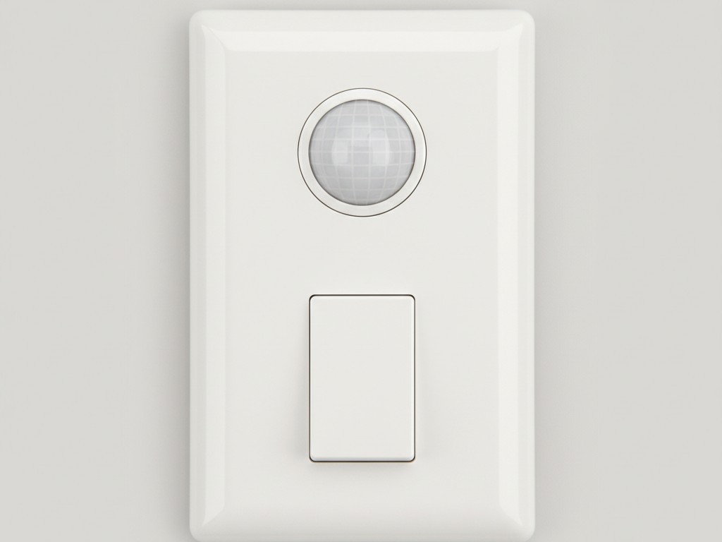 Interruptor decorativo branco com uma grande alavanca na metade inferior e uma lente redonda de sensor de movimento na parte superior.