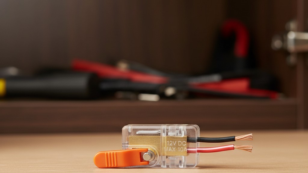 Um close de um conector de fio de alavanca transparente e laranja conectando dois fios elétricos de pequeno calibre dentro de um armário.