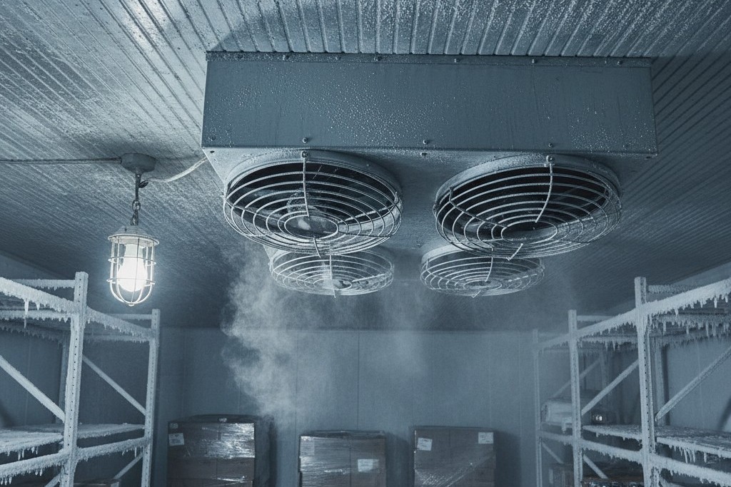 Uma grande unidade de evaporador está instalada no teto dentro de um freezer walk-in comercial, com vários ventiladores atrás de grades protetoras.