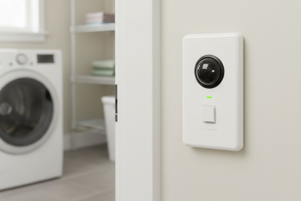 Um sensor de ocupação moderno em caixa de parede instalado ao lado do batente da porta em um pequeno armário de utilidades organizado.