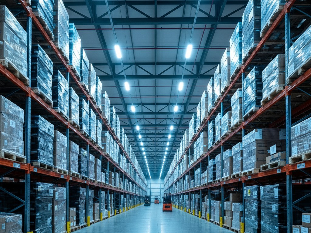 Interior de um grande armazém moderno com pisos de concreto, prateleiras altas e pé direito muito elevado. A escala do espaço destaca o desafio para sensores de ocupação padrão.