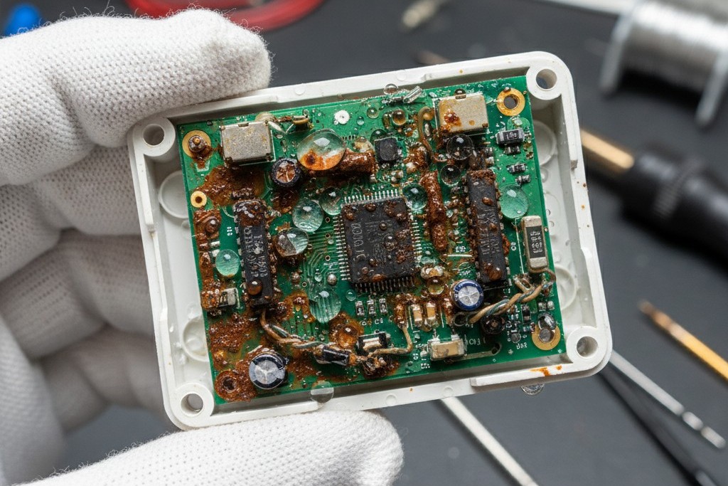 A mão de um técnico segura um sensor de ocupação aberto, revelando uma placa de circuito coberta de ferrugem e gotas de água de condensação dentro de um freezer.