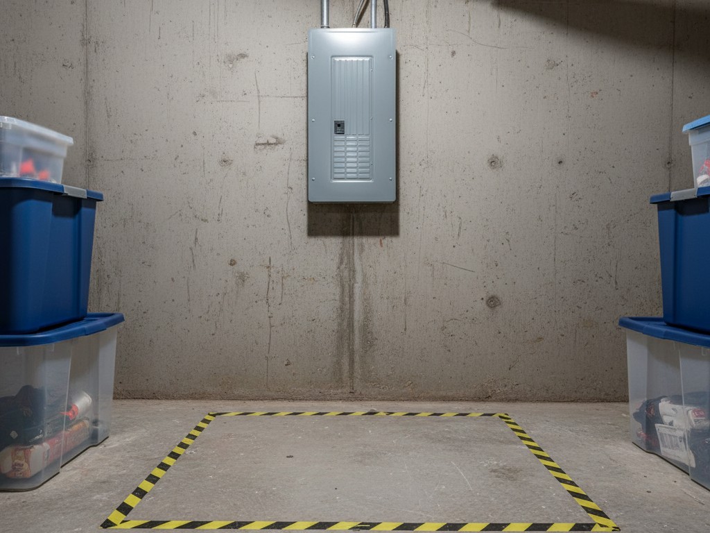 Um painel elétrico cinza em uma parede do porão com uma zona de segurança retangular marcada no piso de concreto usando fita de advertência amarela e preta.