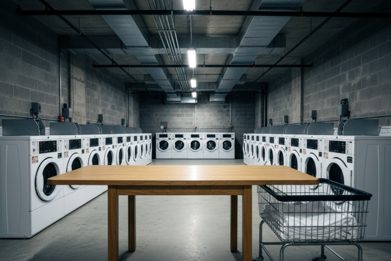Uma simples mesa de madeira está centralmente posicionada em uma lavanderia de porão de concreto, ladeada por fileiras de máquinas de lavar brancas. À direita, um carrinho de arame segura roupas dobradas sob luminárias fluorescentes industriais no teto.