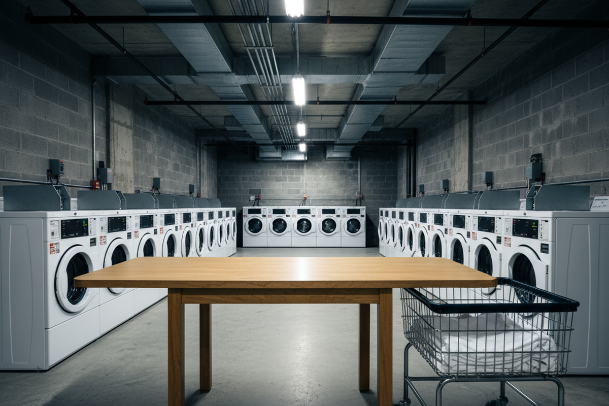 Uma simples mesa de madeira está centralmente posicionada em uma lavanderia de porão de concreto, ladeada por fileiras de máquinas de lavar brancas. À direita, um carrinho de arame segura roupas dobradas sob luminárias fluorescentes industriais no teto.