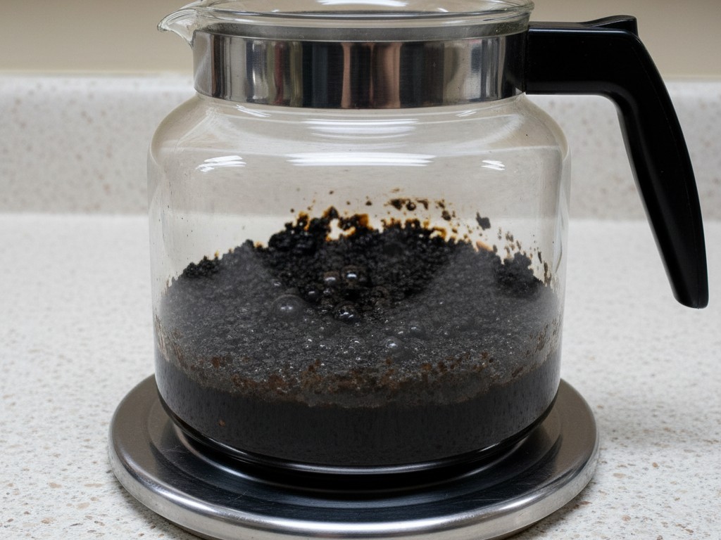 Uma garrafa de vidro comercial para café sobre uma placa aquecedora contendo uma camada de resíduo grosso, preto e queimado de café.