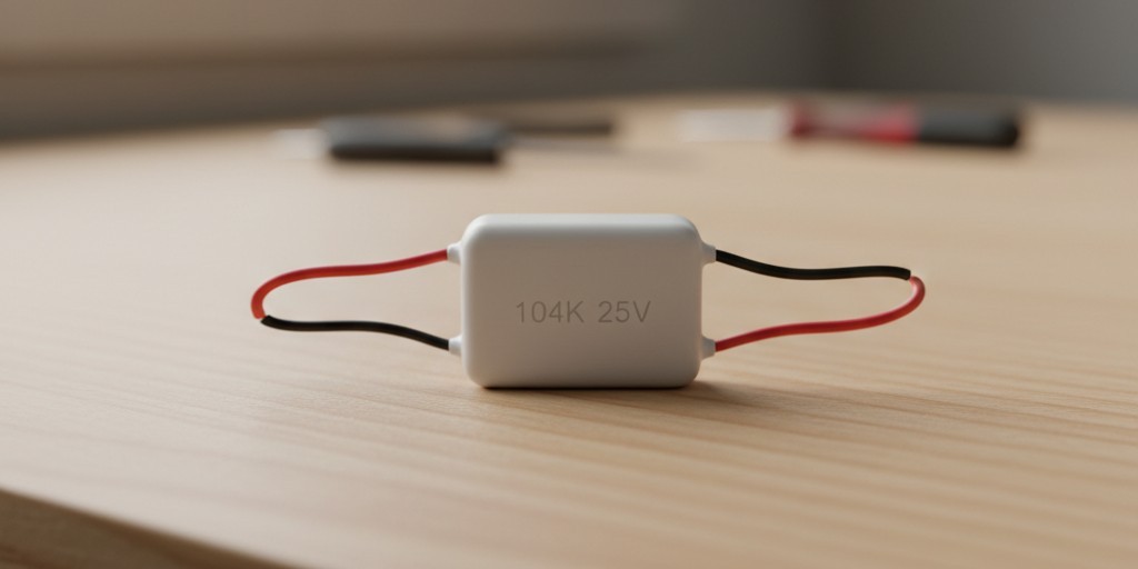 Uma vista aproximada de um componente capacitor de bypass retangular com dois fios condutores repousando sobre uma bancada de trabalho.
