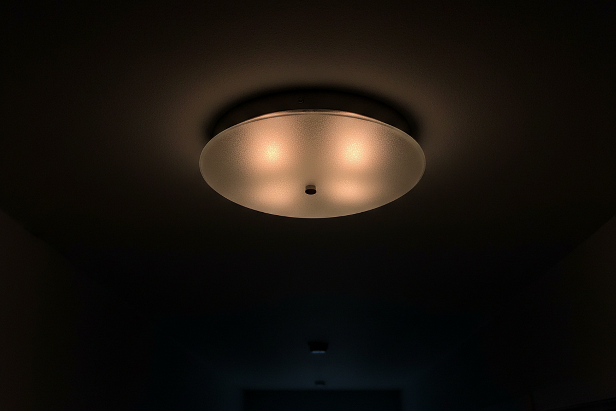 Uma luminária de teto redonda de vidro fosco emite um brilho laranja quente e tênue contra um teto completamente preto. Abaixo da luminária, um corredor escuro leva a uma janela retangular distante preenchida por luz azul fria.