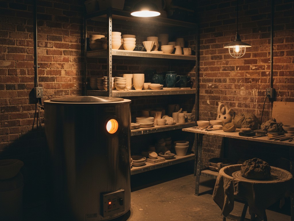 Forno cerâmico em estúdio de artista Um grande forno elétrico de aço inoxidável está no canto de um estúdio de arte pouco iluminado, cercado por prateleiras de cerâmica.