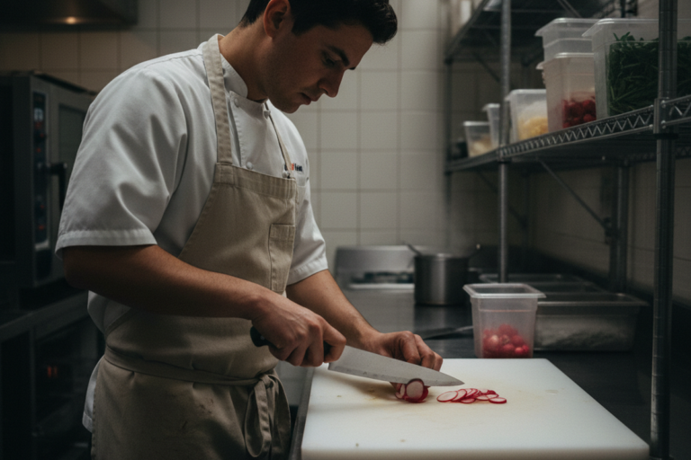 Um chef com casaco branco e avental está em uma mesa de aço inoxidável fatiando rabanetes em uma tábua branca. Prateleiras de arame com recipientes plásticos alinham a parede atrás dele.