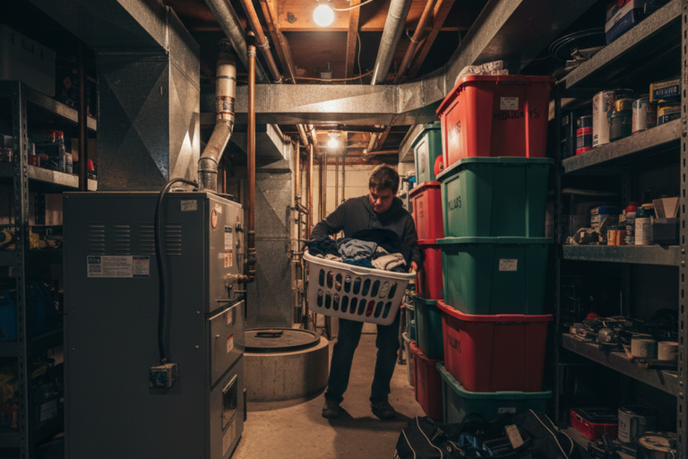 Um homem carrega uma cesta de roupa branca por um corredor estreito no porão, ladeado por caixas plásticas empilhadas e prateleiras de metal. Uma grande fornalha e canos suspensos ocupam o espaço, enquanto uma bolsa preta está no chão em primeiro plano.